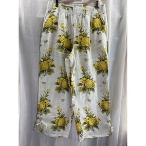 Tahari 100% Linen‎ White Yellow Pineapple Floral Cropped Pants Women's Large
